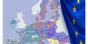 Transeuropäisches Verkehrsnetz (TEN-V) auf der Karte und der Flagge Europas